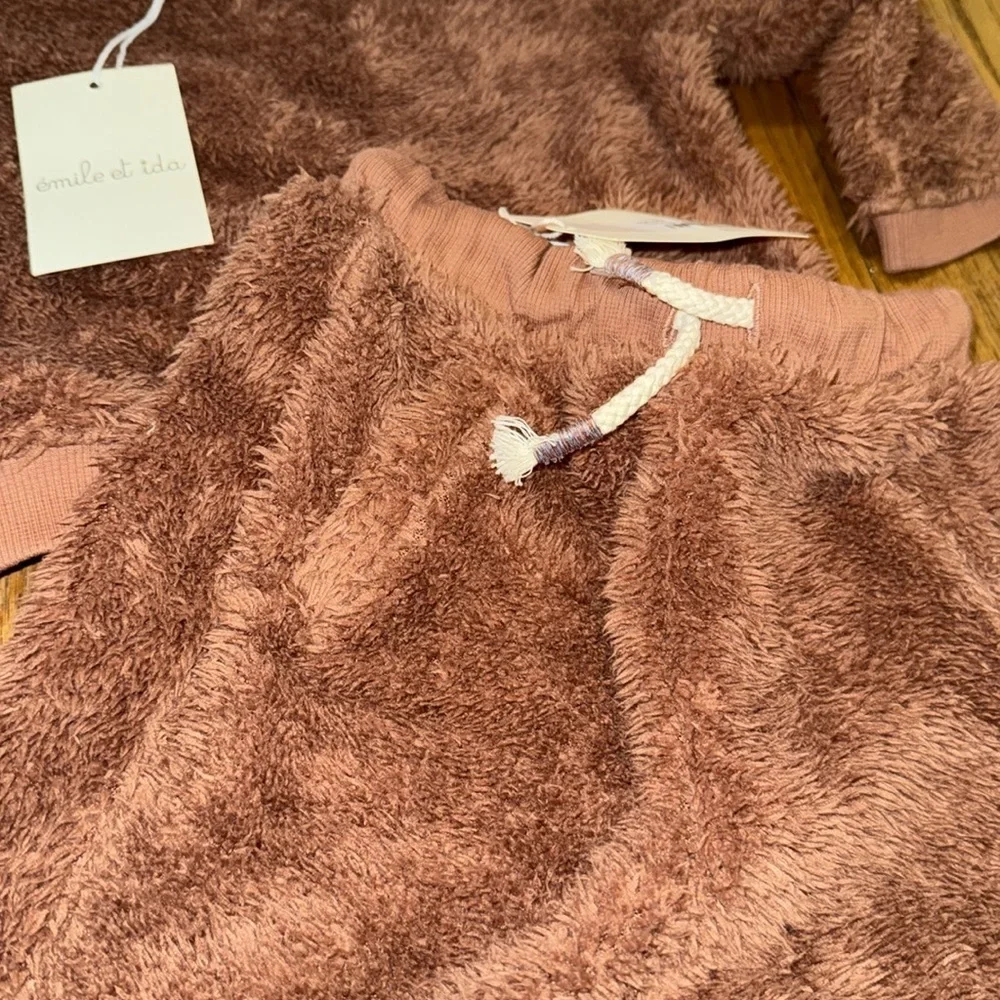 NWT Emile et Ida Auburn brown bear fuzzy 2 piece sweatshirt jogger set 6m 12m